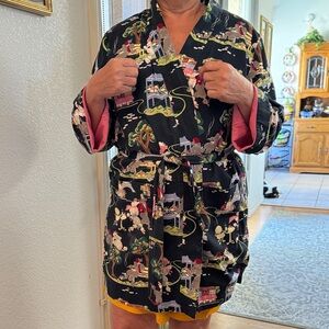 Black 50’s Inspired Poodle Print Robe with Pink Lining Nick and Nora 100%cotton